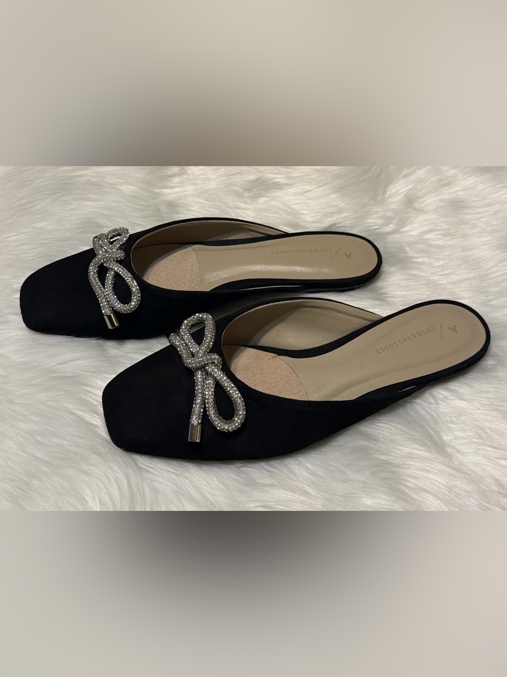 Anthropologie Guilhermina Ballet Black Slingback Flats with Crystal Bow - Picture 3 of 9
